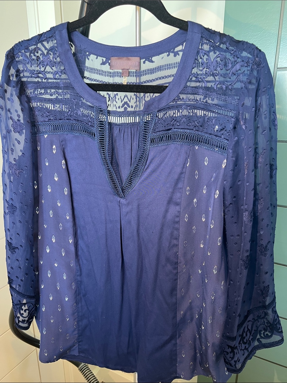 Hale Bob Navy Blue Sheer Lace Yoke Long-Sleeve Tunic